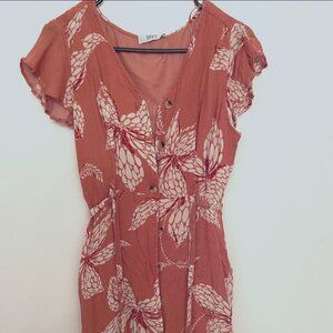 Orange Floral Midi Dress with Flutter Sleeves & Waist Tie
